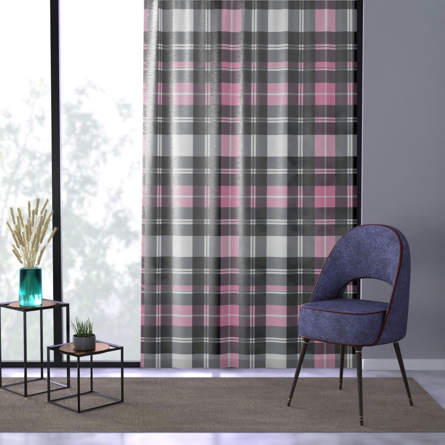 Pink Plaid Window Curtain